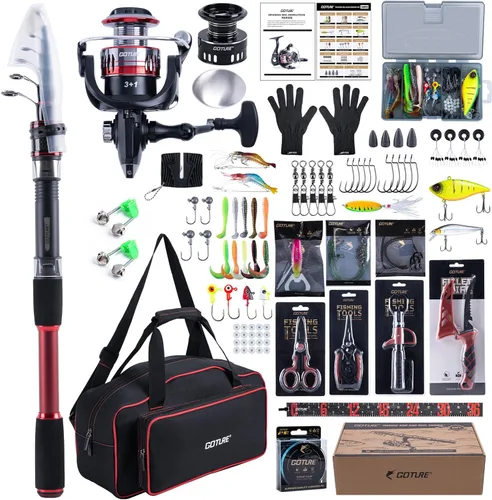 Miniatura 15 de Goture Combo de caña de pescar y carrete, caña de pescar telescópica roja con kit de inicio completo y bolsa de transporte, caña giratoria de viaje