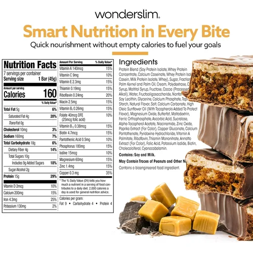 Miniatura 2 de Barra de proteínas WonderSlim para reemplazo de comida, Caramelo y Cacao, 15g de proteína, 20 vitaminas y minerales, sin gluten (7 unidades)