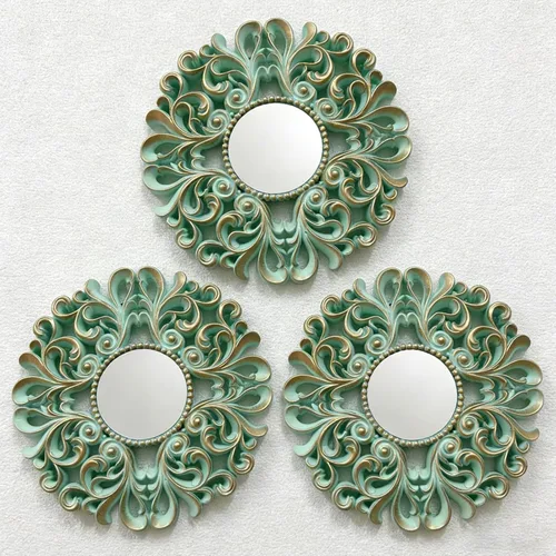 Miniatura 10 de DXYAKY Juego de 3 espejos decorativos redondos dorados para pared, espejos con marco de plástico ligero con detalles de cristal azul, decoración