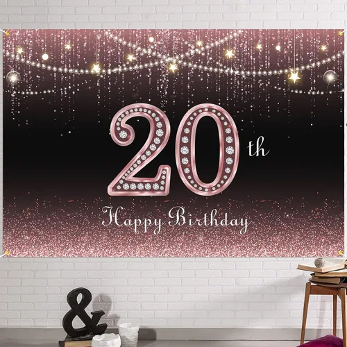 HAMIGAR Fondo de pancarta de feliz cumpleaños 20 de 6 x 4 pies, decoraciones de cumpleaños de 20 años, suministros de fiesta para mujeres, oro rosa