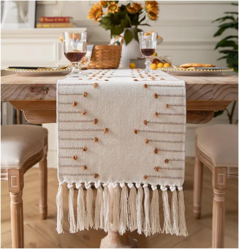 Miniatura 8 de Camino de Mesa Navideño de 13 x 108 Pulgadas de Largo, Algodón Natural Tejido con Borlas para Decoraciones Navideñas del Hogar y Comedor, para Rojo