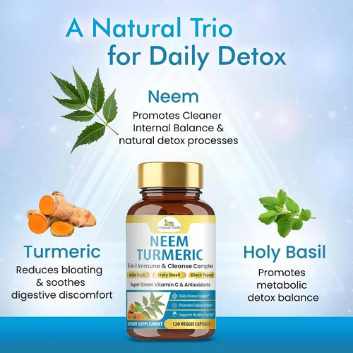 Miniatura 5 de Organic Veda Cápsulas de cúrcuma Neem – Complejo herbario 5 en 1 con fruta Amla, albahaca santa, pimienta negra – Suplemento inmunológico