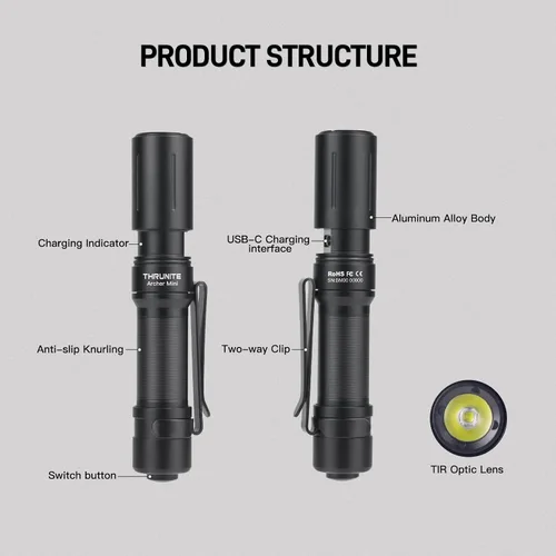 Miniatura 8 de ThruNite EDC Linterna Archer Mini, linterna LED de 405 lúmenes con interruptor de cola, linterna de bolsillo pequeña recargable USB C para camping