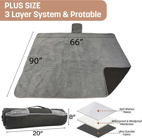 Miniatura 4 de Tirrinia Manta impermeable para exteriores con forro sherpa, resistente al viento, triple capa, cálida y cómoda, plegable para camping, estadio