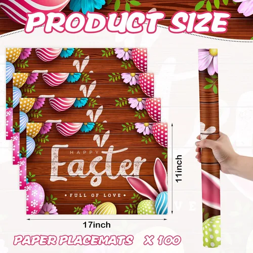 Miniatura 2 de Tenceur 100 manteles individuales desechables de papel de Pascua, huevos de conejo de Pascua, manteles individuales de papel para primavera