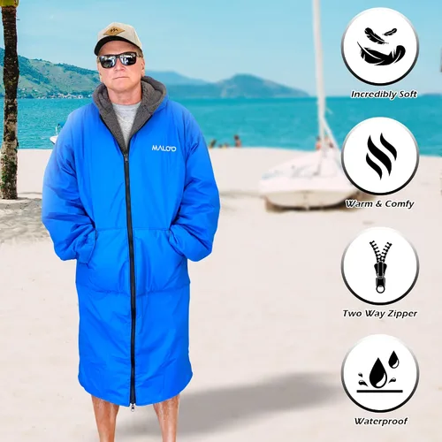 Miniatura 7 de Malo'o Parka de Surf con Forro Sherpa para Adultos Bata de Cambio, Parka de Natación Impermeable y Resistente al Viento, Bata Seca con Capucha