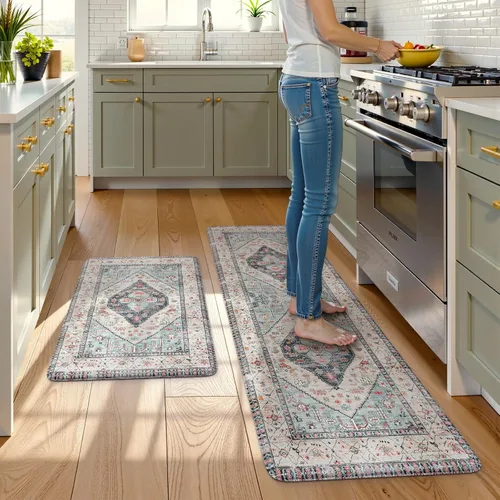 Miniatura 106 de KIMODE - Juego de 2 tapetes de cocina bohemios, antifatiga, antideslizantes, impermeables, ergonómicos, acolchados, cómodos, para lavandería, Caqui