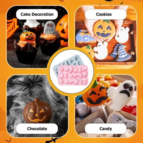 Miniatura 3 de Molde de silicona de Halloween para chocolate 3D para hornear chocolates, galletas, gomitas de caramelos, calaveras, calabazas, murciélagos