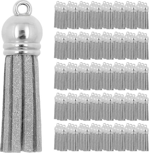 Miniatura 58 de Mandala Crafts 100 borlas de gamuza sintética color aguamarina con tapa dorada, suministros para hacer llaveros a granel, pequeñas borlas de cuero