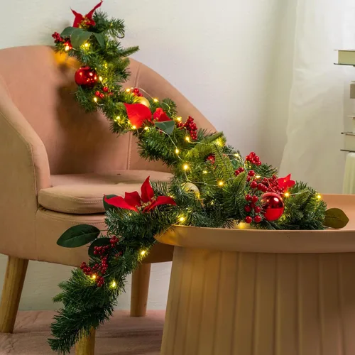 Miniatura 6 de YULETIME Guirnalda de Navidad iluminada de 6 pies, funciona con pilas con 20 luces de hadas, guirnalda artificial, bolas rojas, bayas, flor de Rojo