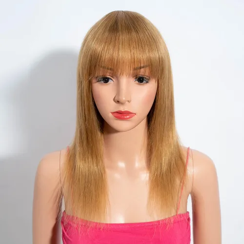 Miniatura 5 de Rebecca Fashion Pelucas lacias de 14 pulgadas con flequillo, pelucas de cabello humano para mujeres negras, sin encaje frontal, pelucas de cabello