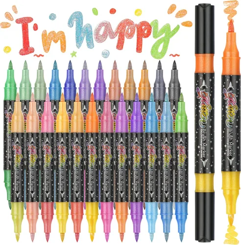 ZSCM Marcadores de pincel con efecto de purpurina de 48 colores, paquete de 24 bolígrafos de tinta a base de agua, marcadores metálicos brillantes