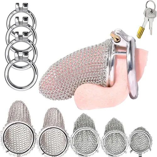MFMYEE Jaula para pene SM de acero inoxidable, jaula de malla para el pene con 4 anillos para el pene juego de dispositivos de castidad masculina,