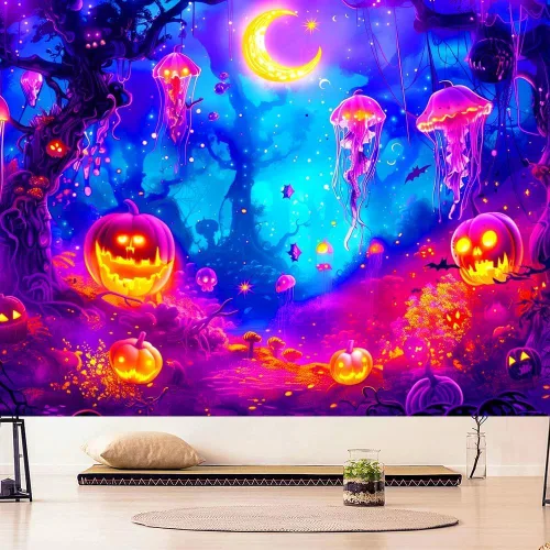 Miniatura 4 de BJYHIYH Tapiz extra grande de Halloween con luz negra para colgar en la pared, tapiz de bosque para dormitorio, sala de estar (90 x 70 pulgadas)