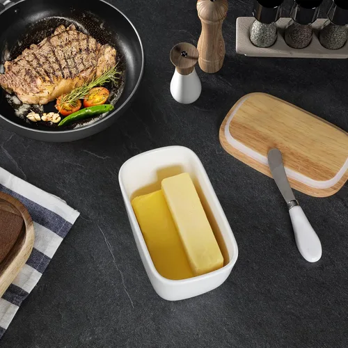 Miniatura 6 de GDCZ Mantequera de cerámica con tapa de madera, soporte grande para mantequilla cubierto para encimera, recipiente para mantequilla perfecto