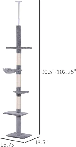 Miniatura 7 de PawHut Árbol para gatos de piso a techo de altura ajustable de 102 pulgadas, torre para gatos de 5 niveles con postes rascadores, hamaca, gris