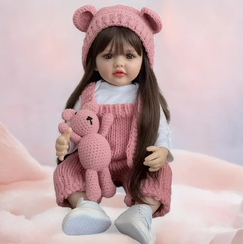 Pinky Lovely - Muñecas de bebé recién nacidas de 22 pulgadas y 21.7 in, de vinilo de cuerpo completo, de aspecto realista, color marrón, pelo largo,