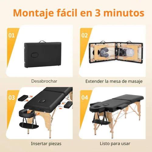 Miniatura 3 de Mesa de masaje portátil, cama de masaje para spa de altura ajustable, 77 pulgadas de largo x 28 pulgadas de ancho, plegable en 2, hecha