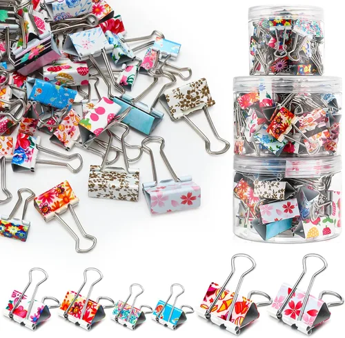 Cholemy 112 clips para carpetas con caja, 3 tamaños, suministros de oficina florales, de colores, grandes, medianos, pequeños, de varios tamaños,