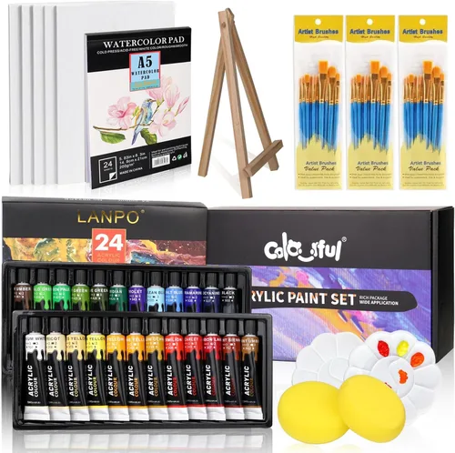 Miniatura 5 de Kit de Pintura Acrílica Colorful Juego de Pintura para Niños de 64 Piezas con Caballete de Nogal, Pintura Acrílica de 24 Colores, Lienzo, Paleta