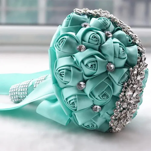 Miniatura 4 de XINNI Ramo de boda verde esmeralda para novia, dama de honor, satén rosa, ramo de boda con diamantes de imitación en forma de lluvia de meteoritos