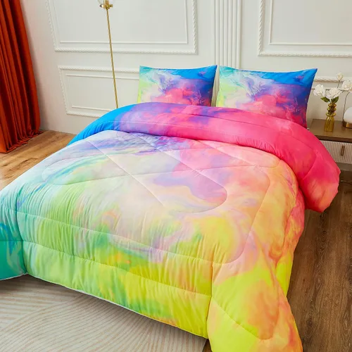 Miniatura 5 de Juego de edredón de mármol arcoíris, textura en colores arcoíris. Pintura acrílica con colores rosa brillante, azul, verde y amarillo.