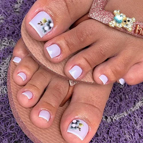 Miniatura 21 de Uñas postizas cuadradas a presión, uñas cortas MABKJLF blancas francesas de los pies, uñas postizas de verano brillantes con diamantes de imitación