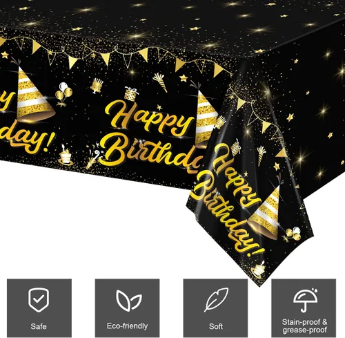 Miniatura 4 de durony Paquete de 2 manteles de cumpleaños, de plástico, color negro y dorado, impermeable, rectangular, para fiestas en interiores o exteriores