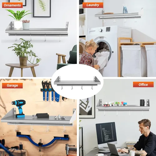 Miniatura 6 de Skyflame Estante de acero inoxidable de 12 x 24 pulgadas montado en la pared, estante de pared con 4 ganchos para cocina, baño y sala de estar