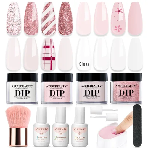 Miniatura 15 de AZUREBEAUTY Kit de iniciación de uñas en polvo de inmersión, 4 colores con purpurina rosa suave, arte de uñas francés, con capa base, capa superior