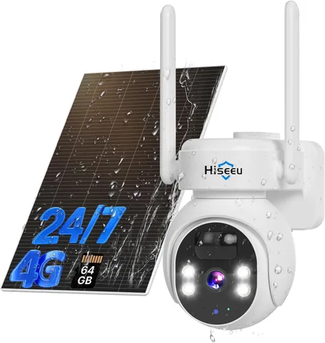 Hiseeu - Cámara de seguridad celular 4G LTE con energía solar, cámara de seguridad inalámbrica para exteriores sin WiFi, 24/7, detección de blanco-1