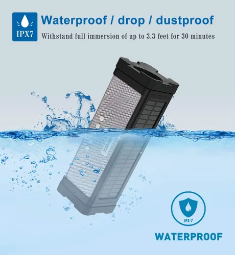 Miniatura 3 de Altavoz solar Bluetooth, IPX7, impermeable, portátil, de 20 W, con 27 luces LED, batería de 5000 mAh, micrófono, tarjeta TF, para ducha al aire