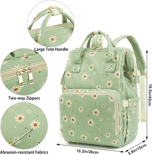 Miniatura 7 de Mochila de ante para pañales para bebés, niñas y niños, mujeres, grandes bolsas de pañales para mamá (Daisy de ante verde)
