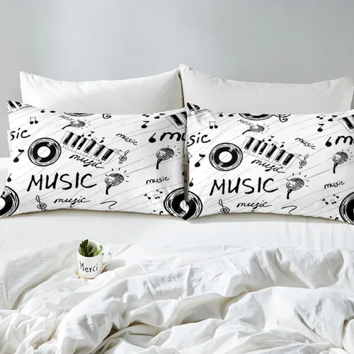 Miniatura 5 de Feelyou Juego de ropa de cama con temática musical en blanco y negro, funda de edredón para niños y niñas, diseño musical, funda de edredón