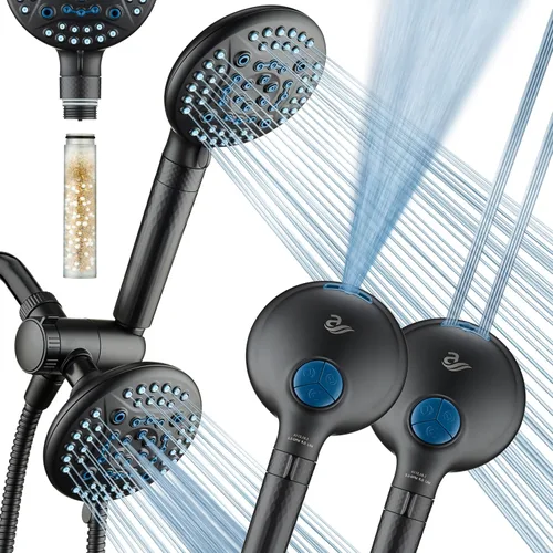 AquaCare High Pressure 6-way Dual Shower Head Combo with Built-in Filter & Power Wash - Clean Tub, Tile & Pets. Remove Chlorine, Lead & Toxins from