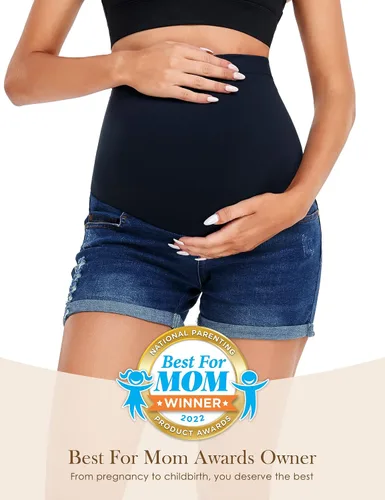 Miniatura 3 de HOFISH Pantalones cortos de mezclilla de maternidad para mujer, elásticos, cómodos, pantalones cortos de mezclilla casuales para entrenamiento