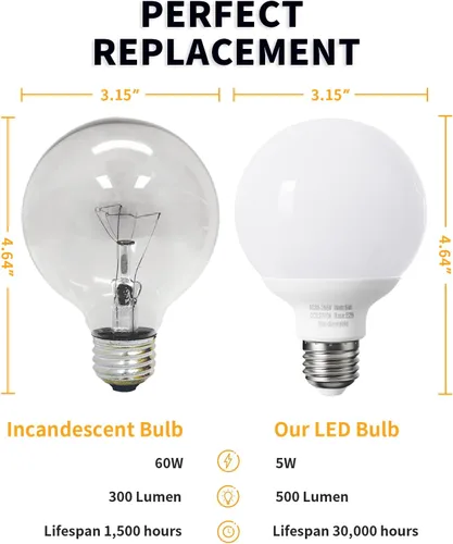 Miniatura 3 de Paquete de 8 bombillas LED de color blanco cálido para baño, equivalente a 120 V 60 vatios, base media E26, bombillas redondas de tocador, bombillas