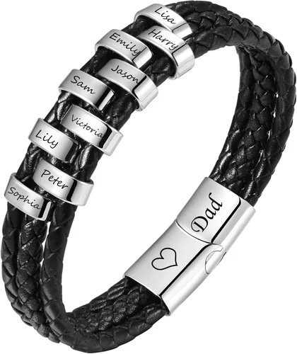 XUANPAI - Pulseras personalizadas para hombre, pulseras de acero inoxidable para hombre, pulseras de cuero trenzado con 1-9 nombres grabados en