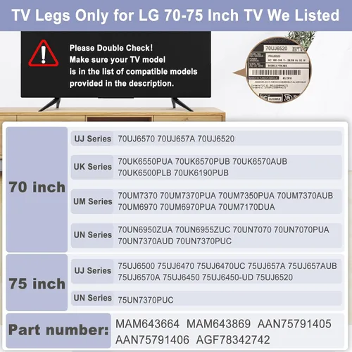 Miniatura 3 de Patas de metal para TV LG base de TV, solo para 70 pulgadas 75 pulgadas LG TV patas 70UJ6570 70UK6550PUA 70UM7370 75UJ6500 75UJ6470 75UJ6470UC