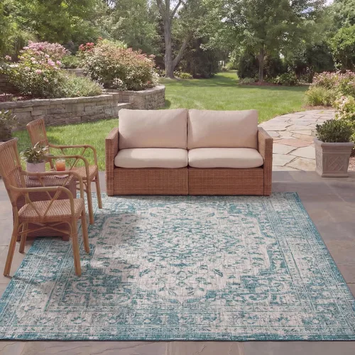 Miniatura 8 de SAFAVIEH Alfombra lavable para exteriores, colección Courtyard de 2.3 x 6.7 pies, color verde azulado y crema, no desprende pelusa y es fácil