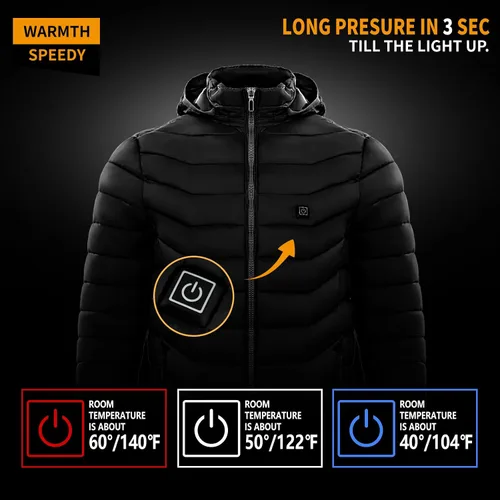 Miniatura 2 de Snullo Chaqueta acolchada con calefacción eléctrica para hombre, capucha aislada, cortavientos, 4 zonas de calor (batería no incluida)