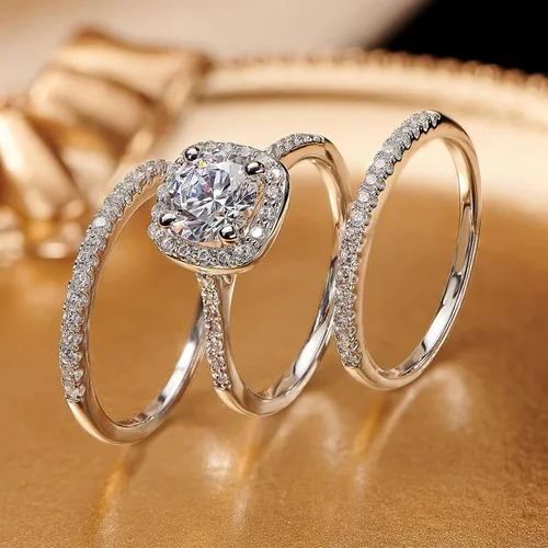 Miniatura 5 de Juego de anillos de boda chapados en oro de 18 quilates con circonita cúbica redonda de 2 quilates para hombre, plata de ley, anillos para pareja