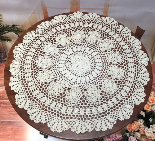 Miniatura 8 de Damanni Mantel de encaje de ganchillo hecho a mano de algodón beige para mesa, redondo, 16 pulgadas, 2