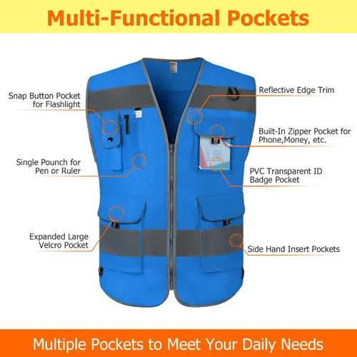 Miniatura 3 de TCCFCCT Chaleco de seguridad azul para hombres y mujeres, chaleco reflectante de alta visibilidad con 9 bolsillos para seguridad, chaleco de trabajo