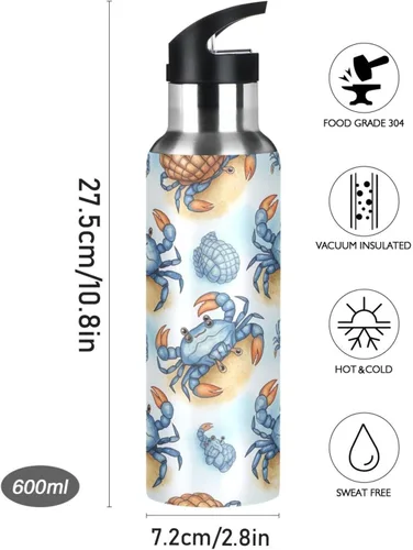 Miniatura 9 de Stainless Steel Vacuum Insulated Water Bottle 20 Oz, Leakproof Water Bottles for Gym Outdoor Travel School, Cute Blue Crabs Cartoon