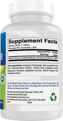 Miniatura 6 de Best Naturals Vitamina D3 2000 UI – 300 tabletas – Fabricado en Estados Unidos, sin OMG, sin gluten, sin color, sabor ni conservantes artificiales