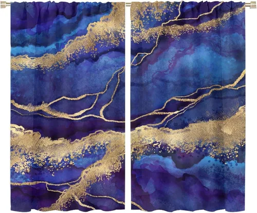 Miniatura 84 de Cortinas abstractas de mármol de lujo de lujo azul marino dorado a rayas con patrón de mármol estampado para dormitorio, sala de estar, cortinas