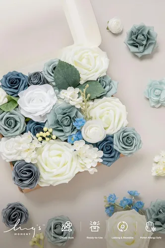 Miniatura 4 de Ling's moment Caja de Flores Artificiales, Tallos de Follaje Artificial Falso, Rosas de Espuma, Gardenia, Hortensia de Seda, Ranúnculo, Flor de Tela