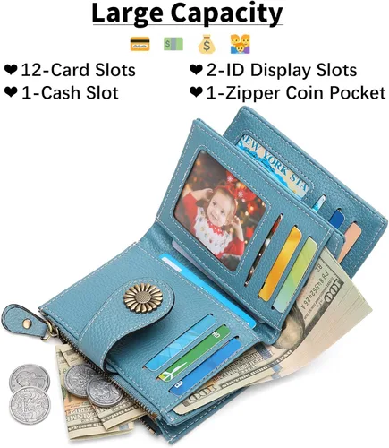 Miniatura 163 de SENDEFN - Billetera pequeña de piel auténtica para mujer, diseño plegable con ventana para tarjeta de identificación