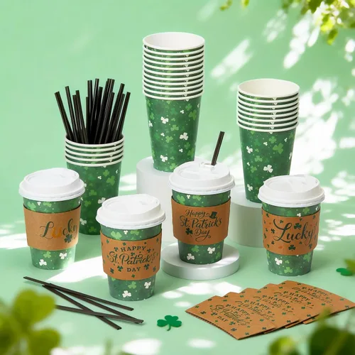Miniatura 7 de Layhit Juego de 100 tazas de café desechables para el día de San Patricio con tapas y mangas, pajitas de 12 onzas con trébol verde para bebidas